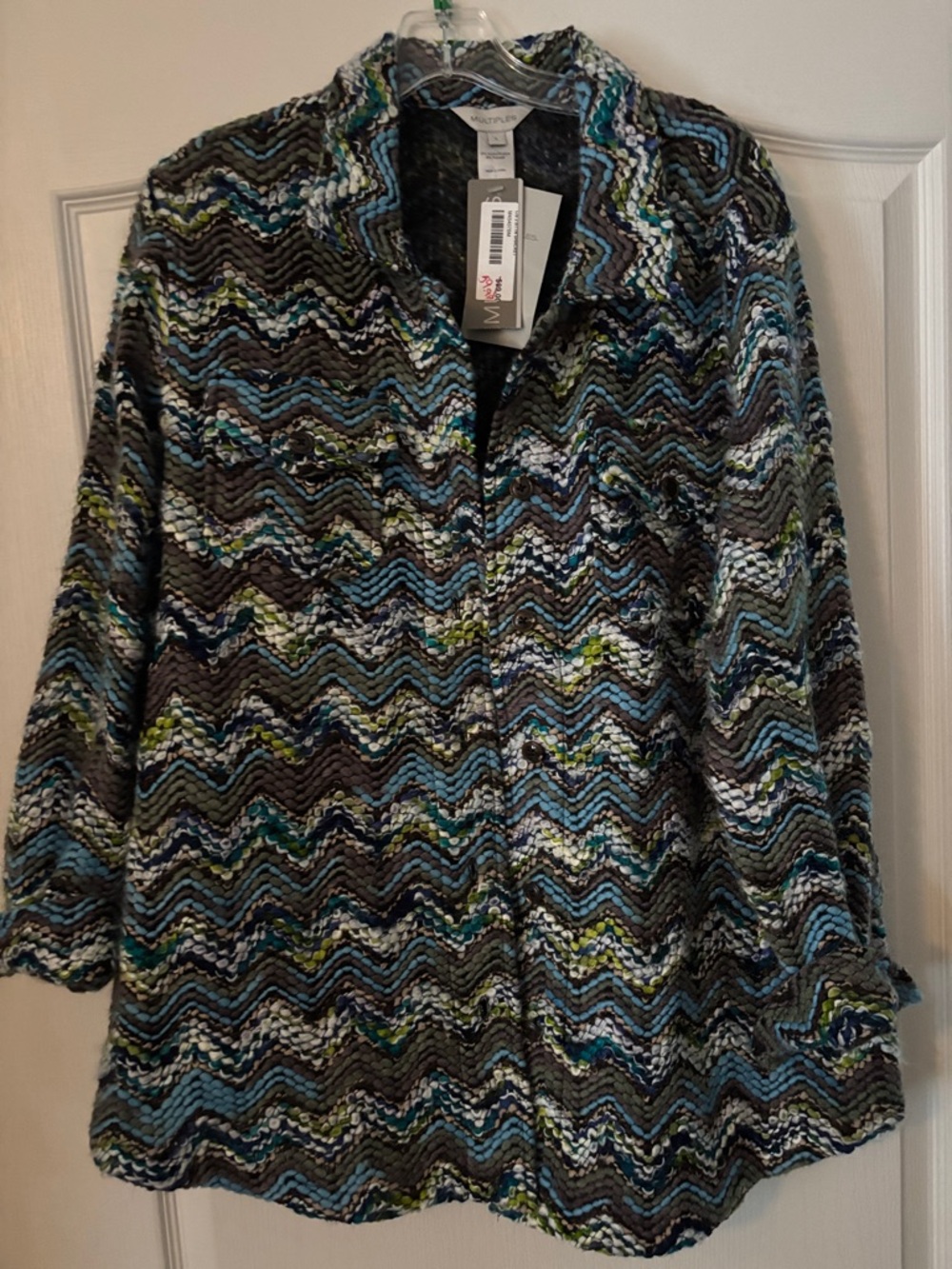 Multiples Chevron Knit Cardigan in Blue, Green, Black